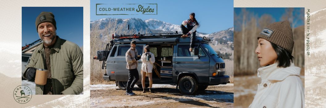 A wintery photo collage. A man in a fisherman’s sweater and quilted coat drinks coffee from a camp mug, a trio of van lifers mingles outside their van,  and a woman looks stylish in a brown knit hat and cream felt coat.